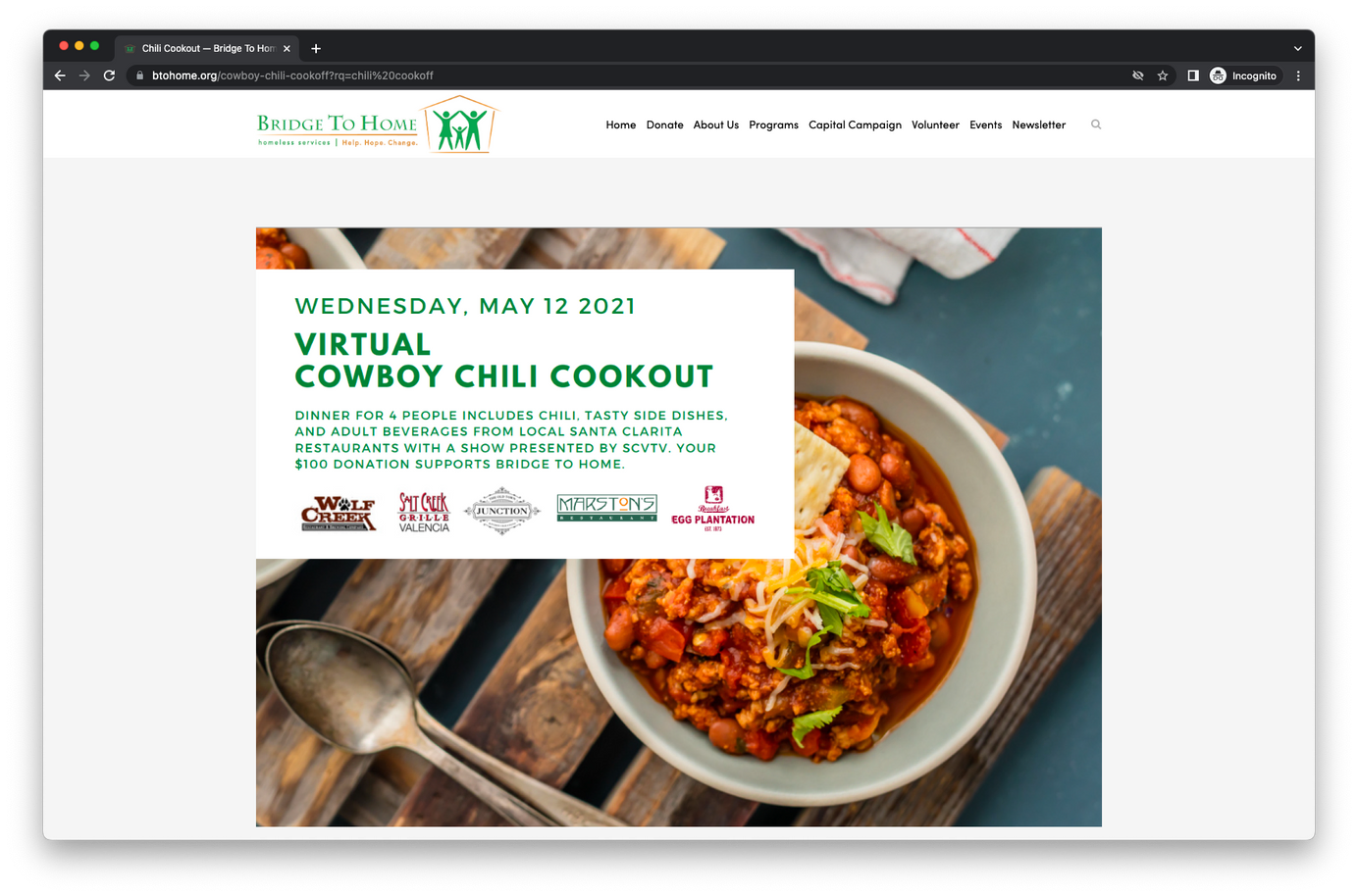 Website copy of the chili cookout fundraiser