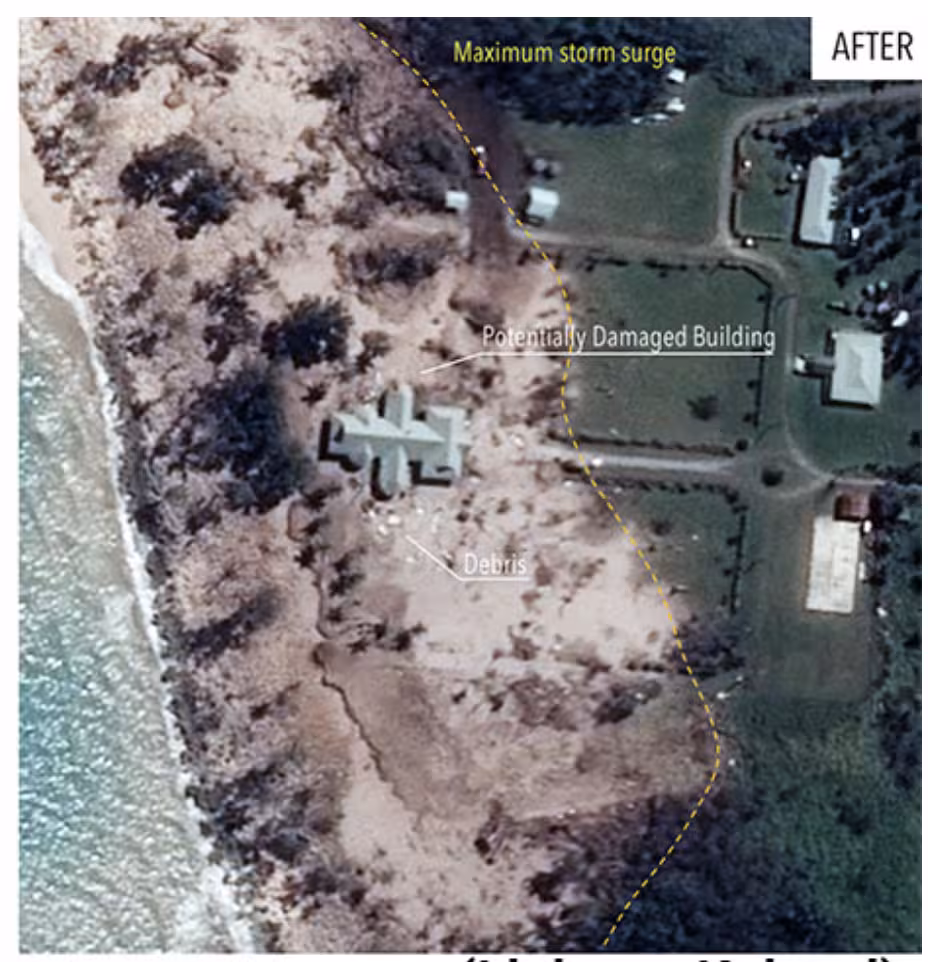 After Severe Tropical Cyclone Harold: eroded coastline, storm-surge extent, debris and a potentially damaged building