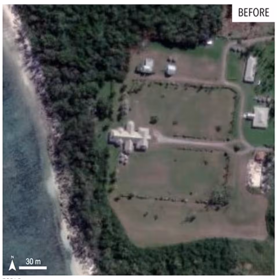 Before Severe Tropical Cyclone Harold: intact vegetation, buildings and coastline